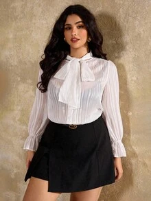 Flirla Plus Size Women Elegant Silver Striped Tie Bow Blouse Fall Cloth For Women - White - View 6