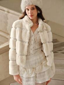 SHEIN Unity Women's Autumn/Winter Sequin Patchwork Faux Fur Trim Long Sleeve Fashionable Jacket, Suitable For Party Occasions - White - View 4