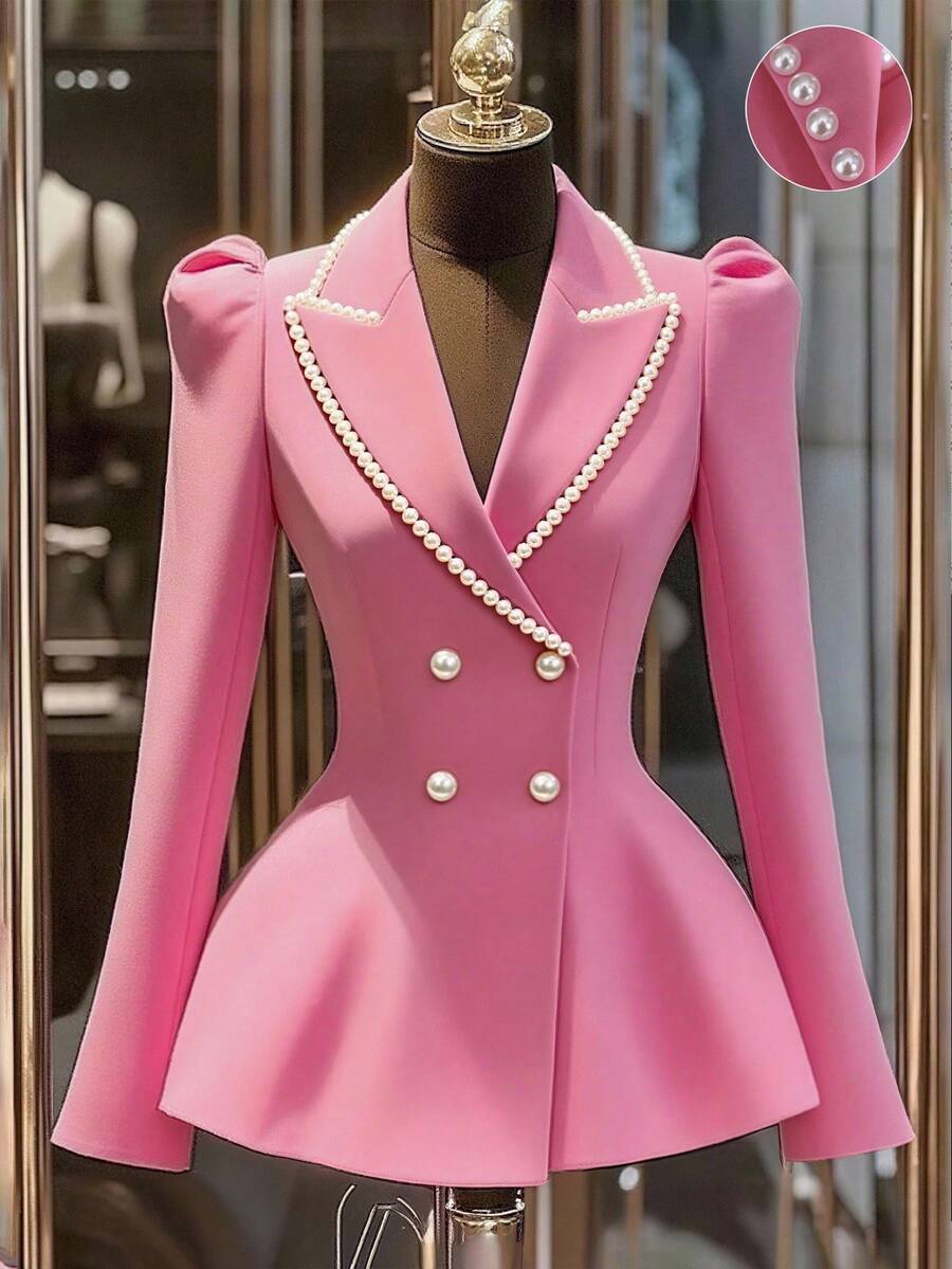 Franclia 优雅束腰珍珠轻盈奢华女士粉色西装外套，秋季 - 西瓜粉 - 查看 1
