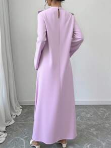 Yasmyna Women's Solid Color 3D Floral Decor Flare Sleeve Elegant Arabic Style Dress - Mauve Purple - View 3