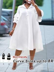 SHEIN CURVE+ Plus Size 2025 New Collection Women Outfit - Rave, Easter, Old Money Style, Country Concert, Going Out, Fairycore, Festival, Tropical Vacation, Suitable For Spring/Summer, Summer Outfits, Rave, European Summer, Spring, Western Wear Plus, Concert, Graduation, Versatile For Daily Commute, Business Casual, Minimalist Casual Beachwear - Layered Ruffle Sleeve Shirt, Asymmetric Hem Midi Dress, Curve Plus, Boho Vacation, Sun Dresses For Women - White - View 8