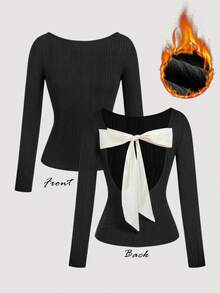 SHEIN MOD Bowknot Back Casual Long Sleeve Fitted Women T-Shirt, Fall, Long Sleeves, Open Back With Oversized Tie Bow, Warmth - Black and White - View 2