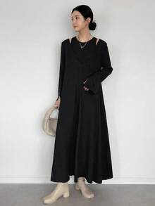 FRIFUL Rochie maxi casual lejeră, neagră, de culoare solidă, cu mâneci goale, cu nasturi, cu crăpături decorative, tiv drept, casual, set din două piese, toamnă - Negru - Vizualizare 4