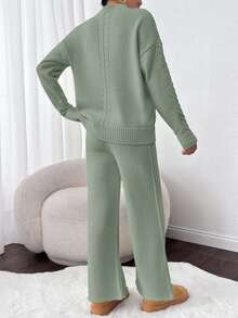 EURMUSE 2pcs Solid Color Knitted Sweater And Pants Set, Casual For Autumn/Winter - Mint Green - View 2