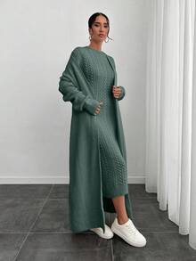 EURMUSE 2pcs Set: Thick Cable Knit Twist Flower Cardigan & Dress - Mint Green - View 4