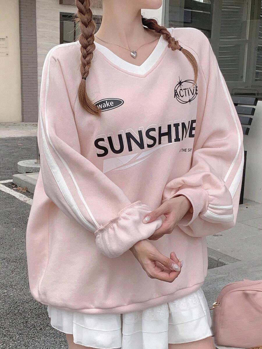 DAZY 女式 V 领宽松图案印花撞色保暖内衬厚款运动衫 秋冬 - 粉色 - 查看 1