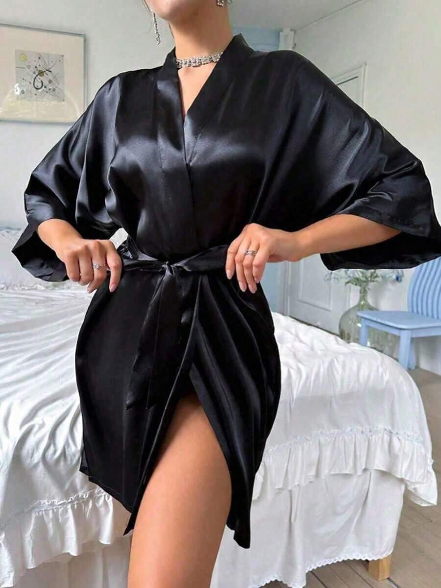SHEIN A Women's Solid Color Short-Sleeved Bathrobe, Suitable For Spring And Summer, Home Wear, Hotel Wear, Party Wear, Swimming Wear - Black - View 1
