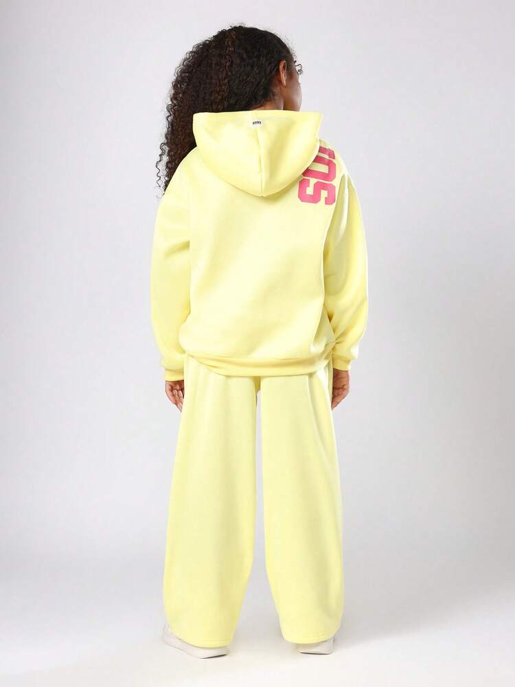 SUMWON Tween Matching Hoodie Wide Leg Jogger Set Winter Wear Cozy Autumn Oversized Sweatshirt Pants Holiday Two Piece Outfit Casual Fleece Wear Vacation - Yellow - View 2