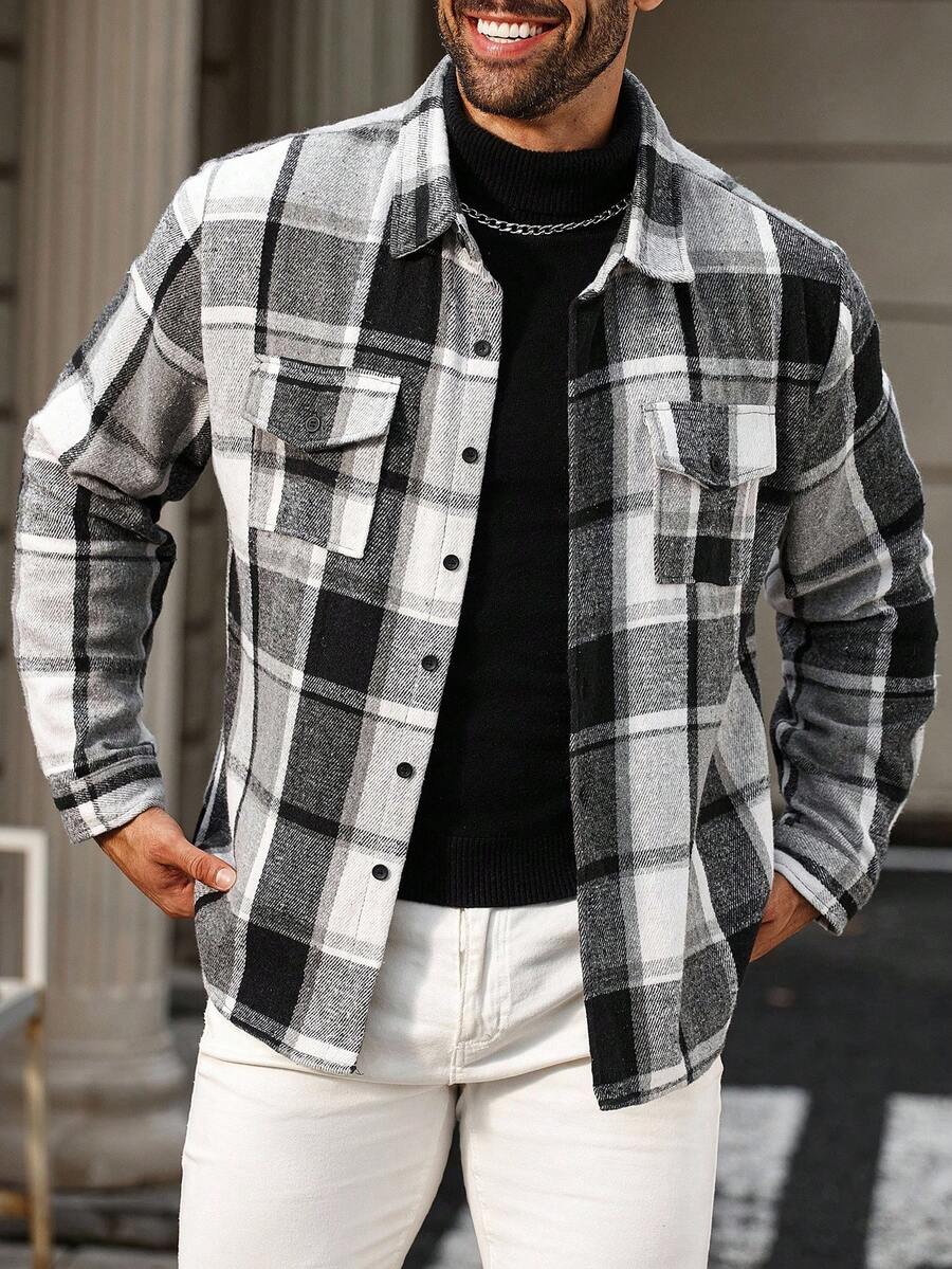 Manfinity CasualCool Plus Size Men's Long Sleeve Casual Plaid Print Button-Up Shacket , Fall - Multicolor - View 1