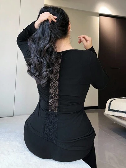 Dazy Plus 2 件大码女式纯色撞色蕾丝睡衣套装，上衣和裤子，秋季服装