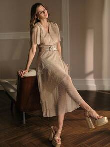 MOTF PREMIUM ASYMMETRICAL HEM WAIST TIE SHIRRED MIDI DRESS - Apricot - View 4