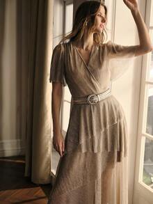 MOTF PREMIUM ASYMMETRICAL HEM WAIST TIE SHIRRED MIDI DRESS - Apricot - View 6