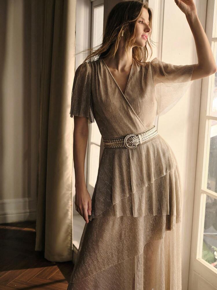 ASYMMETRICAL HEM WAIST TIE SHIRRED MIDI DRESS
