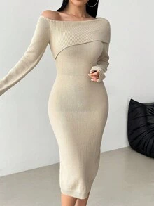 Modelyn 女式不对称领纯色修身长袖罗纹针织连衣裙 - 杏色 - 查看 6
