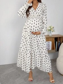 SHEIN 孕妇蝴蝶结印花重叠V领长袖荷叶边下摆优雅连衣裙 - 米色 - 查看 5