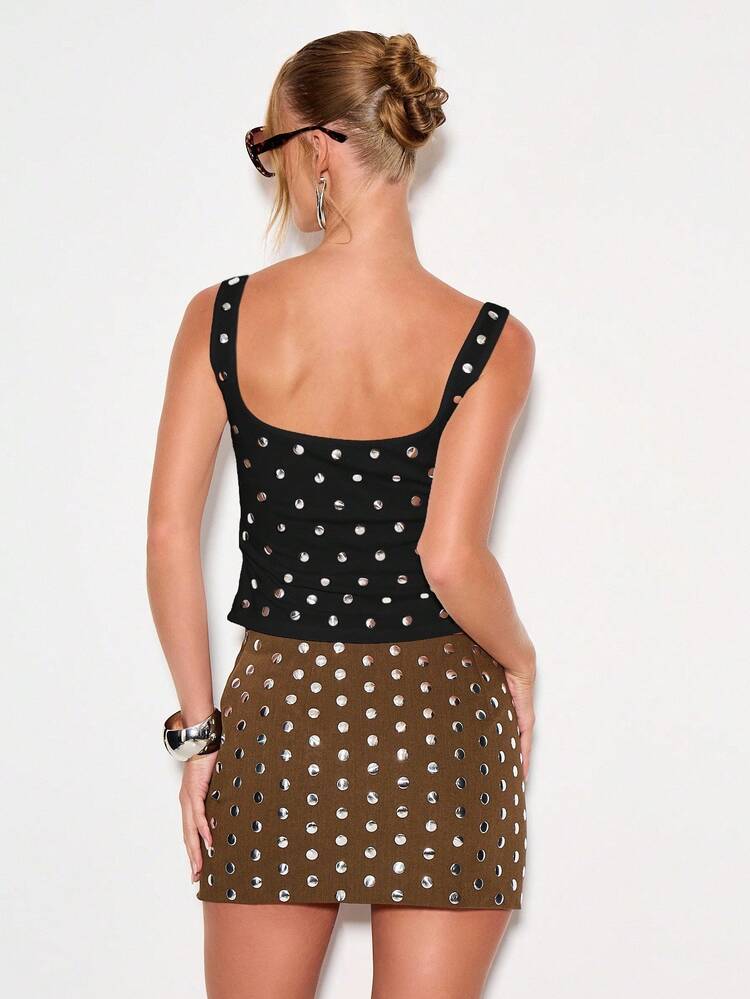 KIZN Square Neck Studded Tank Top With Wide Straps