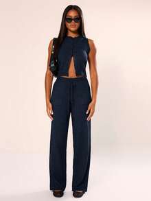 MUSERA 针织大口袋细节系带直筒裤，适合机场、返校、冬季、日常、晚宴、派对等场合，优雅春季穿着 - 藏蓝色 - 查看 2