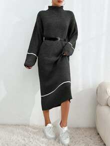 EURMUSE Women's Casual Drop Shoulder Long Sleeve Turtleneck Ribbed Color Block Knitted Sweater Dress, Autumn/Winter - Dark Grey - View 7