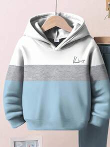 SHEIN 年轻男孩休闲宽松舒适大号英文字母拼色街头潮流 Y2K 风格宽松连帽卫衣 2 件套，适合秋冬季 - 彩色 - 查看 6