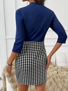 SHEIN Clasi Robe mini élégante ajustée à col cravate, manches 3/4, patchwork à motif pied-de-poule pour femmes - Multicolore - View 2
