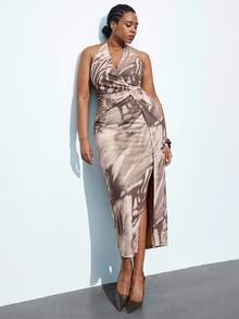 Maija Plus Size Women's Urban Elegant Deep V-Neck Waist Twist Tie Strap High Slit Dress, Winter Plus Size Women's Clothing, Autumn/Winter Women's Apparel, Halloween Costume, Christmas Dress, New Year Party Outfit New Year Women Party Dress Elegant Dresses For Party Party Dresses For Women Elegant Dress Women Elegant Dresses Sexy Sexy Dress Cheetah Print Dres - Multicolor - View 3