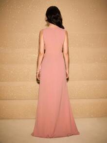 Teenage Bridesmaid Dress,Blush Pink Summer Elegant Formal Wedding Ninang,Sleeveless Ruffle Hem Side Slit Satin Matte High-End Gala Party Prom Dress - Dusty Pink - View 2