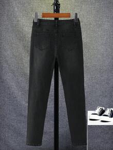 SHEIN Tween Boy Fashion Black Streetwear School Back-To-School Summer Y2k Vintage Ripped Frayed Skinny Jeans Kids Stretch Denim Pants Comfortable Dailywear - Black - View 2