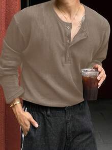 DAZY Men's Textured Solid Color Basic Half-Zip T-Shirt Fall, Winter Business Attire - Khaki - View 3