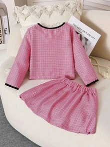Elladie kids Young Girls 2pcs Set: Plaid Print Long Sleeve Jacket With Pearl Buttons & Bow Decor, Paired With Pink Pleated Skirt, Suitable For Party, Birthday, Princess Style, Spring/Autumn Girls 2 Piece Skirt Set 2 Piece Skirt Set For Girl Kids Two Piece Jacket With Skirt Skirt Suit For Kids Pink Tweed Skirt Set Fall Winter - Pink - View 2