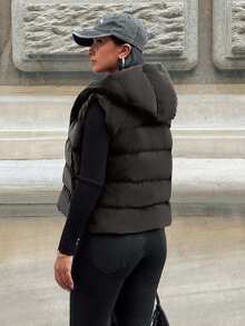 EURMUSE Woman Solid Color Woven Padded Insulated Velvet Look Winter Sleeveless Vest Coat Hoody Neck Crop Length Winter Vest - Grey - View 2