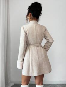 Rafferiza Áo khoác nữ vải kaki rộng rãi, có thể tháo rời, chất liệu lông nhân tạo, hai hàng khuy, thắt eo, kiểu Pháp thời trang, thu/đông - Màu be - Xem 2