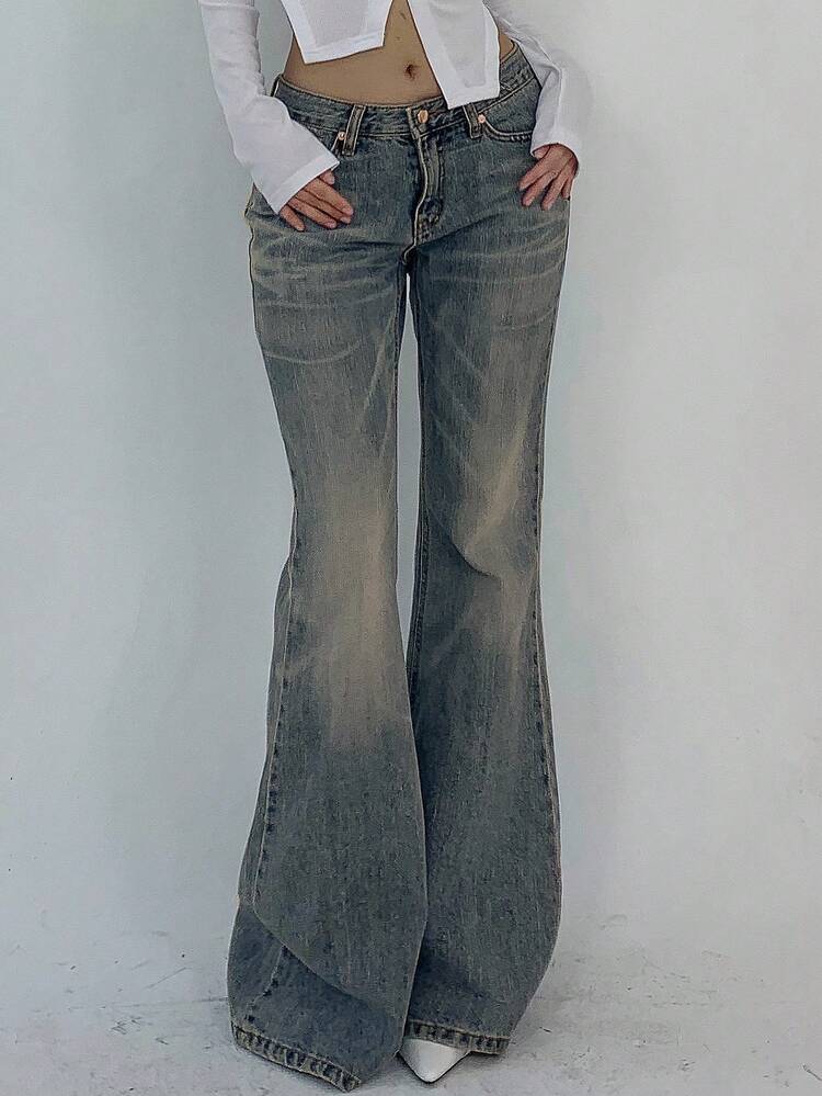 Women Casual Low-Rise Flare Leg Washed Denim Jeans Y2k Streetwear