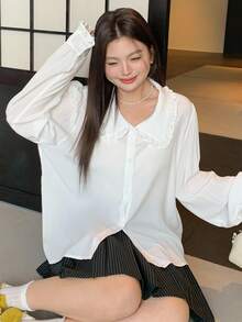 Dazy Plus 大码女式宽松彼得潘领纯白色长袖衬衫，春秋季 - 白色 - 查看 6