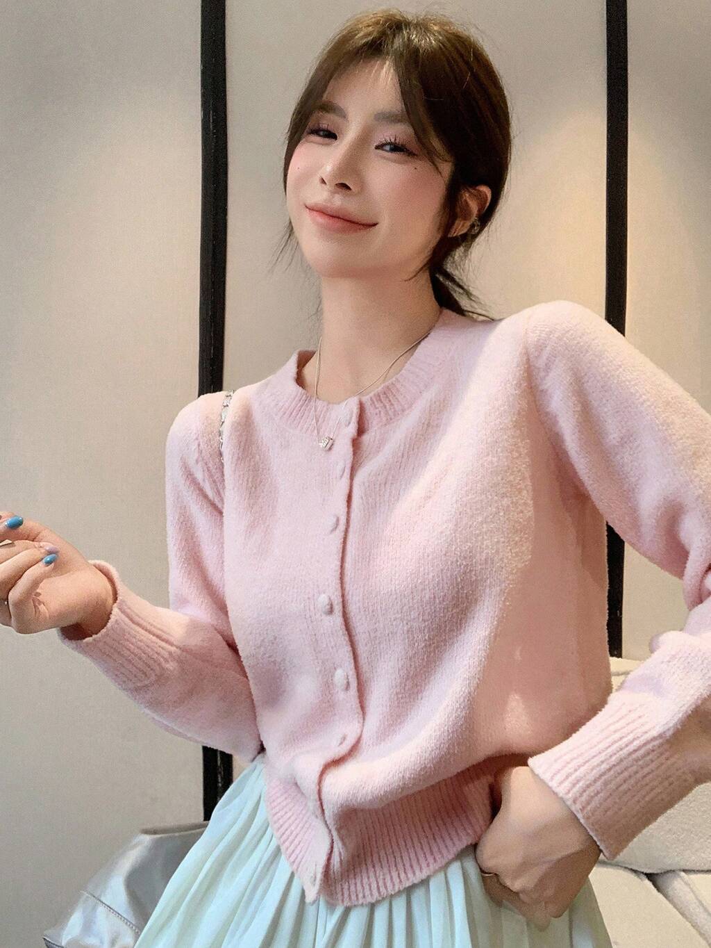Casual Loose Knit Cardigan, Sweet & Elegant Short Style, Minimalist Fashion For Women, Autumn/Winter, Pink