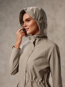 OutZeal 女士长袖夹克，适合露营、徒步旅行，防水，带帽，长款，抽绳腰带，带拉链口袋