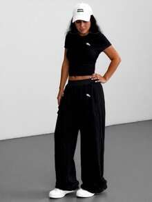 SHEIN EZwear 2件套加大码女式夏季休闲刺绣标志灰色套装 - 黑色 - 查看 5