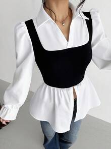 SHEIN قميص أنيق وبسيط مريح للمراهقات، بياقة وأكمام طويلة، تصميم لونين - أبيض وأسود - مشاهدة 1