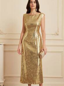 Aveloria Rosie European & American Style New Autumn/Winter Off Shoulder Cinched Waist Luxury Long Sequin Dress For Party - Gold - View 1
