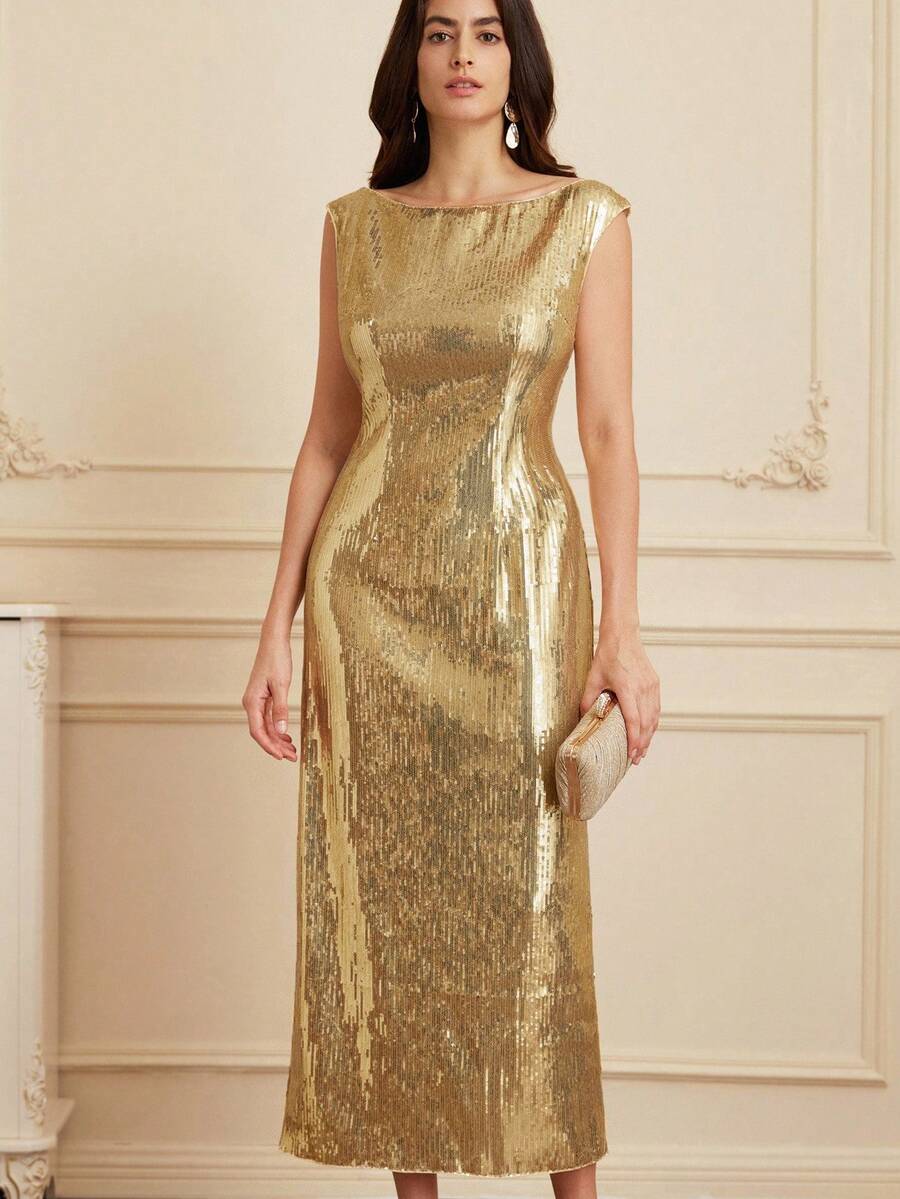 Aveloria Rosie European & American Style New Autumn/Winter Off Shoulder Cinched Waist Luxury Long Sequin Dress For Party - Gold - View 1