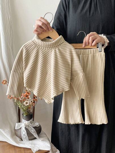 SHEIN Baby Girl Infant Toddler Newborn 0-3 Years Casual Daily Versatile Fashion Outfits, Turtleneck Dropped Shoulder Ribbed Knit Long Sleeve Top + Flare Pants Set, Autumn/Winter Baby Clothes, Khaki Fall