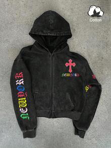 PAVTROS Manfinity Streetrush Men's Cross & New York Slogan Graphic Print Streetwear Hoodie Stone Wash Sweatshirt, Fall Sweatshirts, Fall Men Clothes Perfect Gift For Husband Or Boy Friend Over Size For Women Vintage Christian Men Gifts Boyfriend Gifts  Oversized For Women  Cozy Fall & Winter Styles - Black - View 3