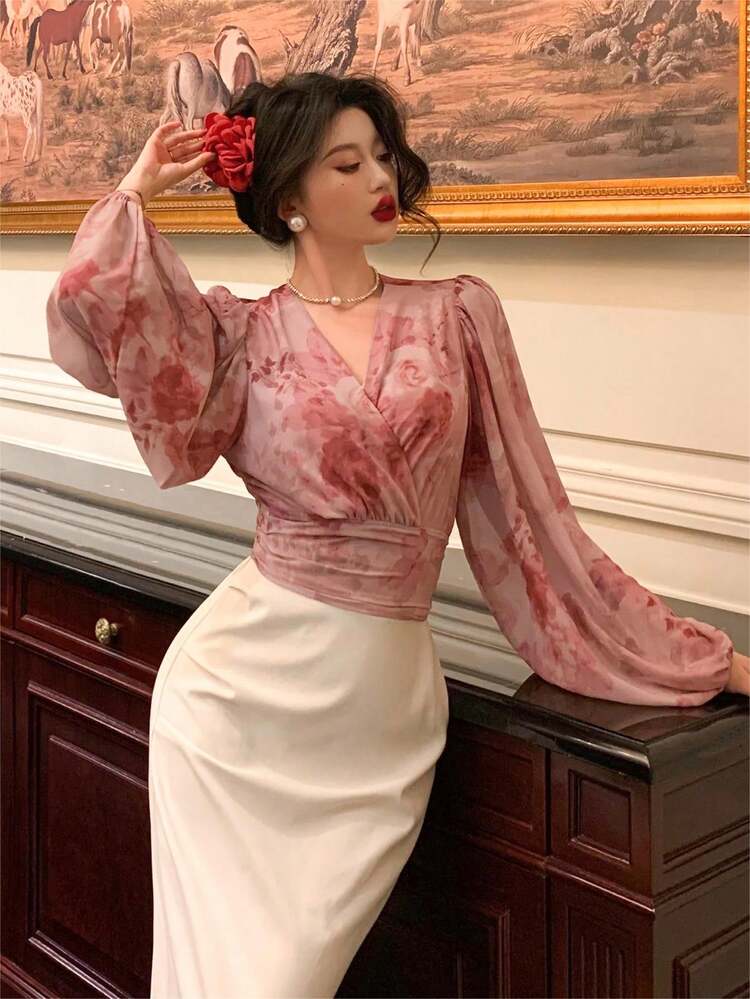 Floral Print Lantern Sleeve Tie-Waist Shirt For Spring And Summer Valentine Valentine's Day Long Sleeve Top Valentine's Day