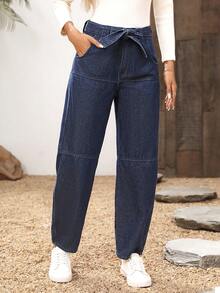 SHEIN LUNE Women's Solid Color Pocket Straight Leg Tie Waist Casual Jeans - Blue - View 7