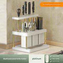 SHEIN 1个多功能刀叉架，节省空间的餐具架，带可拆卸接水盘，厨房水槽台面餐具沥水架，绿白筷子架，刀、勺、叉收纳架，适用于厨房、浴室、餐厅，塑料款 - 彩色 - 查看 2