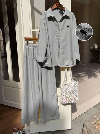 Comfortcana 女士新款条纹刺绣宽松上衣和裤子套装