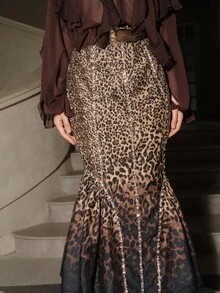 Anewsta Falda de sirena elegante con estampado de leopardo degradado y adornos de strass, para uso en fiestas - Óxido marrón - Ver 4