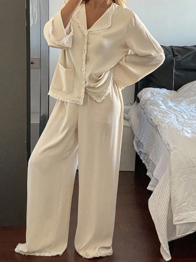 Women's Spring Satin Lace Ruffle Trim Sleepwear Pajama Set, Fall Winter Clothes Pajama