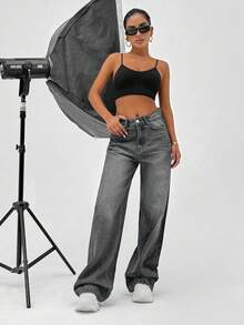EURMUSE 100% Cotton HIGH RISE WIDELEG FIT VINTAGE WASH WOMEN BAGGY JEANS - Grey - View 6
