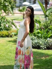 Andrea Bello 女式花卉印花深V领露背连衣裙，适合夏季度假和海滩穿着 - 米色 - 查看 4