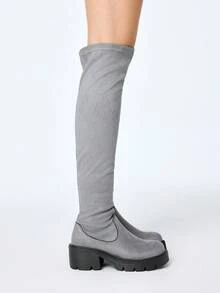 ROMWE Goth Women's Fashion Over The Knee Boots Comfortable Round Toe Chunky Block Heels Thigh High Fall Boots With Adjustable Drawstring And Side Zipper - Grey - View 4